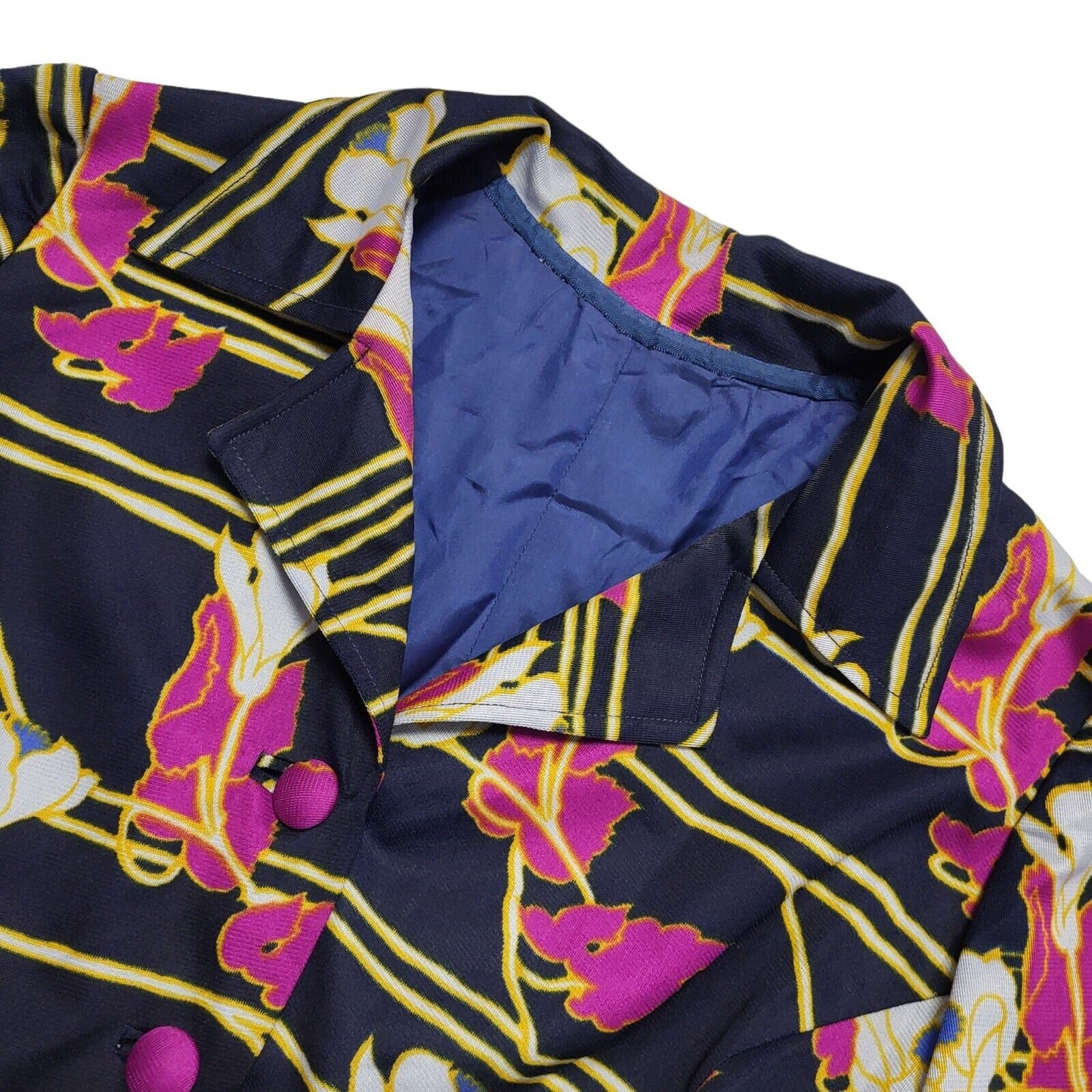 70s Vintage Navy & Purple Floral Collared Long Sleeve Midi Dress Women's 14