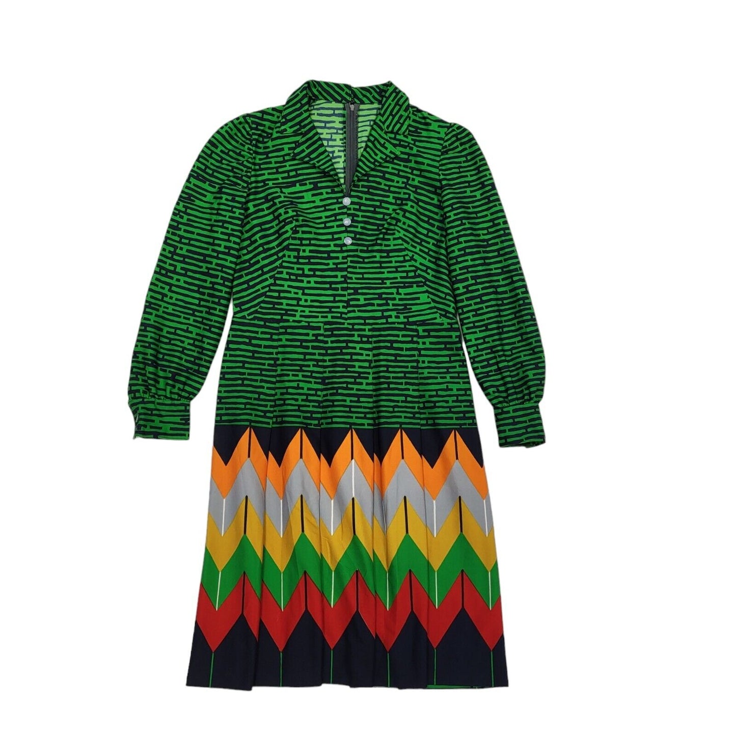 70s Vintage Green Abstract Collared Daywear Dress Women's 12