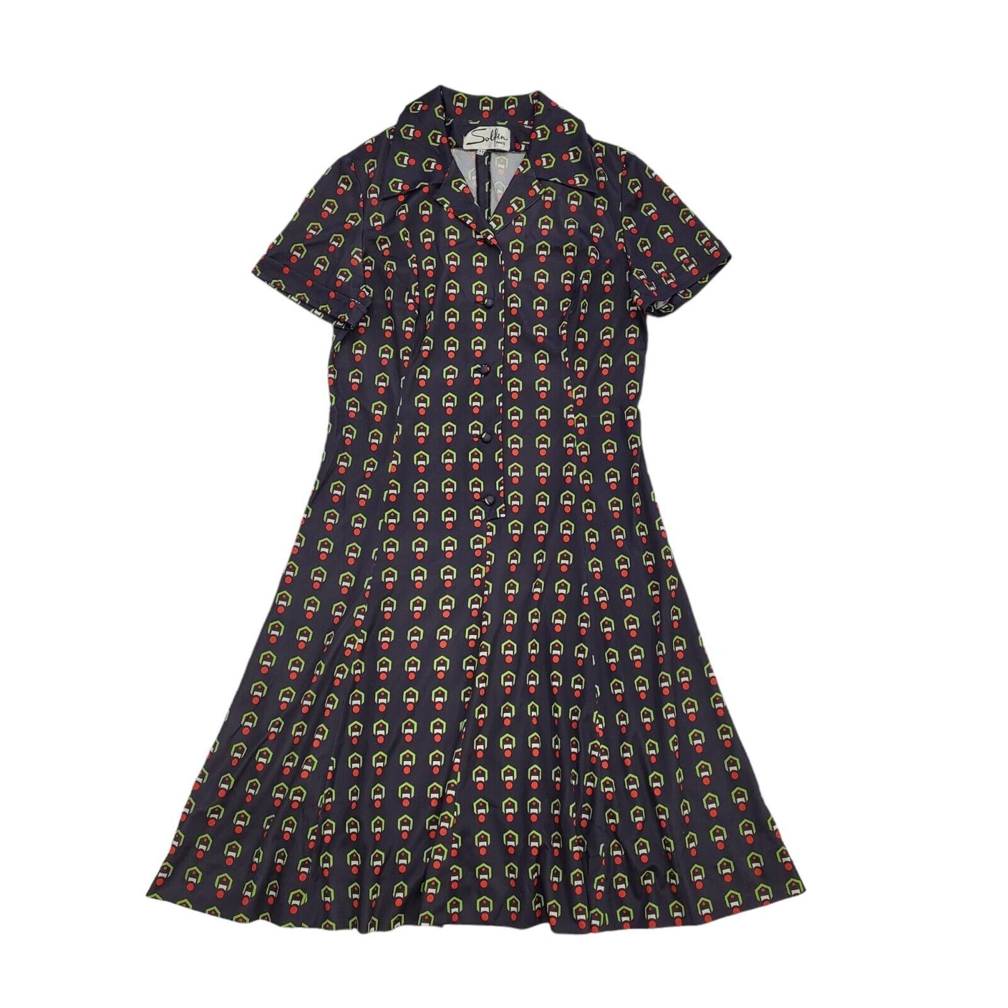 70s Vintage Solfin Black Geometric Button Dress Women's Size 16/18
