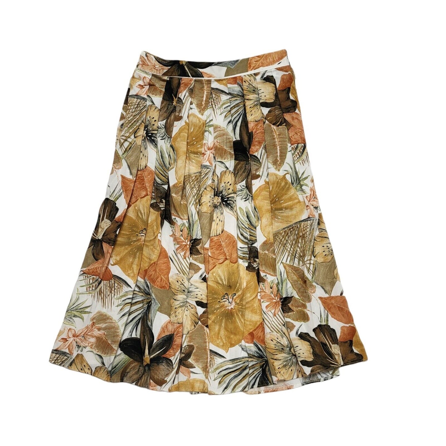 M&S Vintage 80's Pleated Brown & Beige Retro Floral Pleated Skirt Womens UK 14