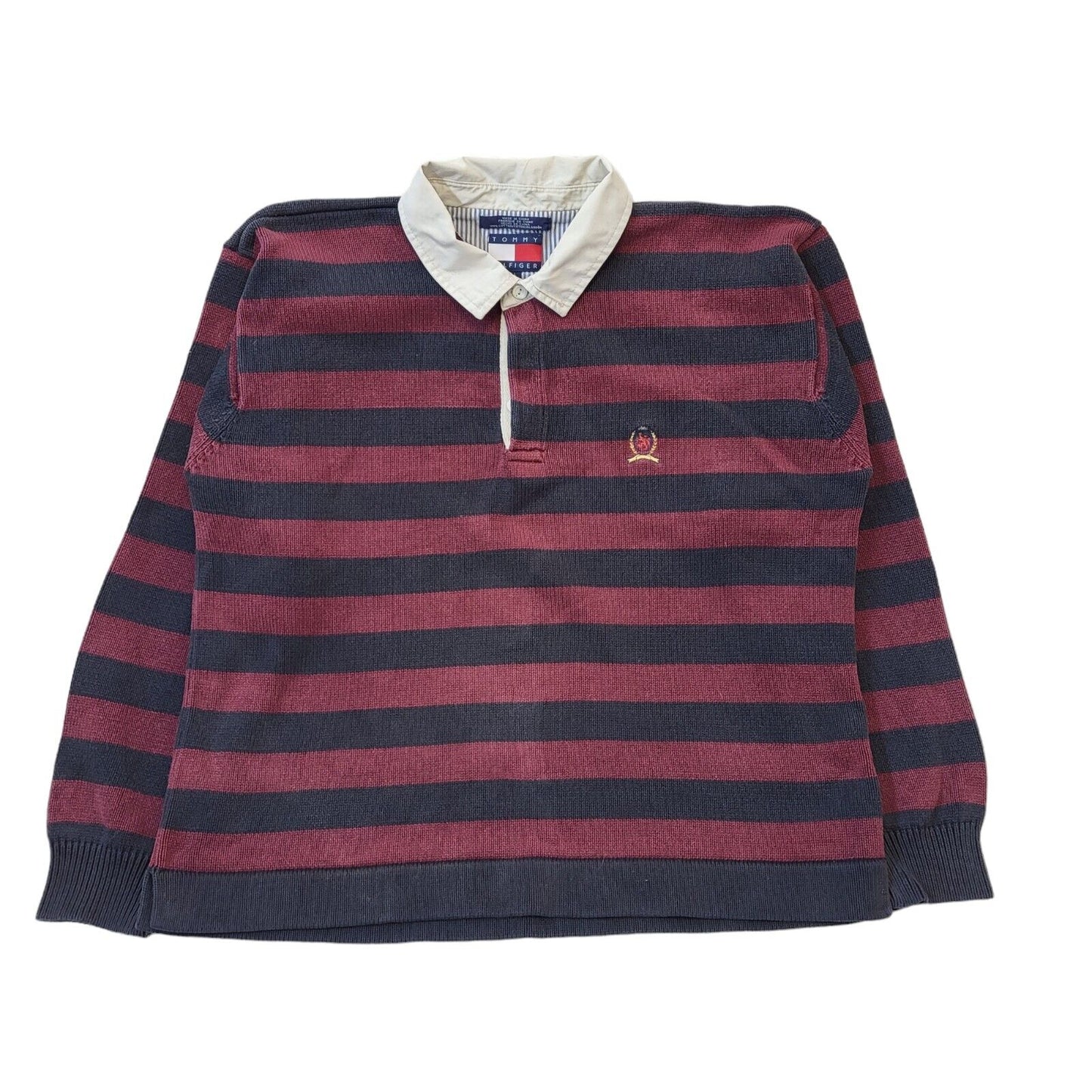 Tommy Hilfiger 90's Vintage Maroon & Black Stripe Collared Jumper Men's Size L
