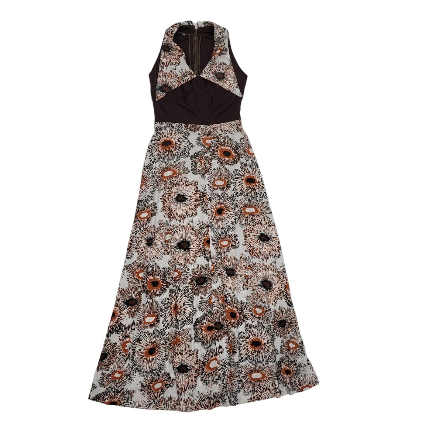 70s Vintage Brown Floral V-Neck Collared Maxi Dress Women's 8