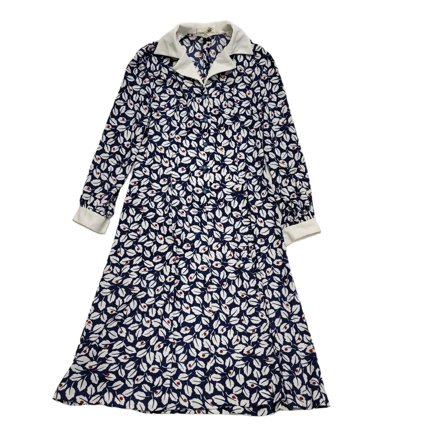 70s Vintage Blue & White Leafy Collared A-Line Dress Women's 10