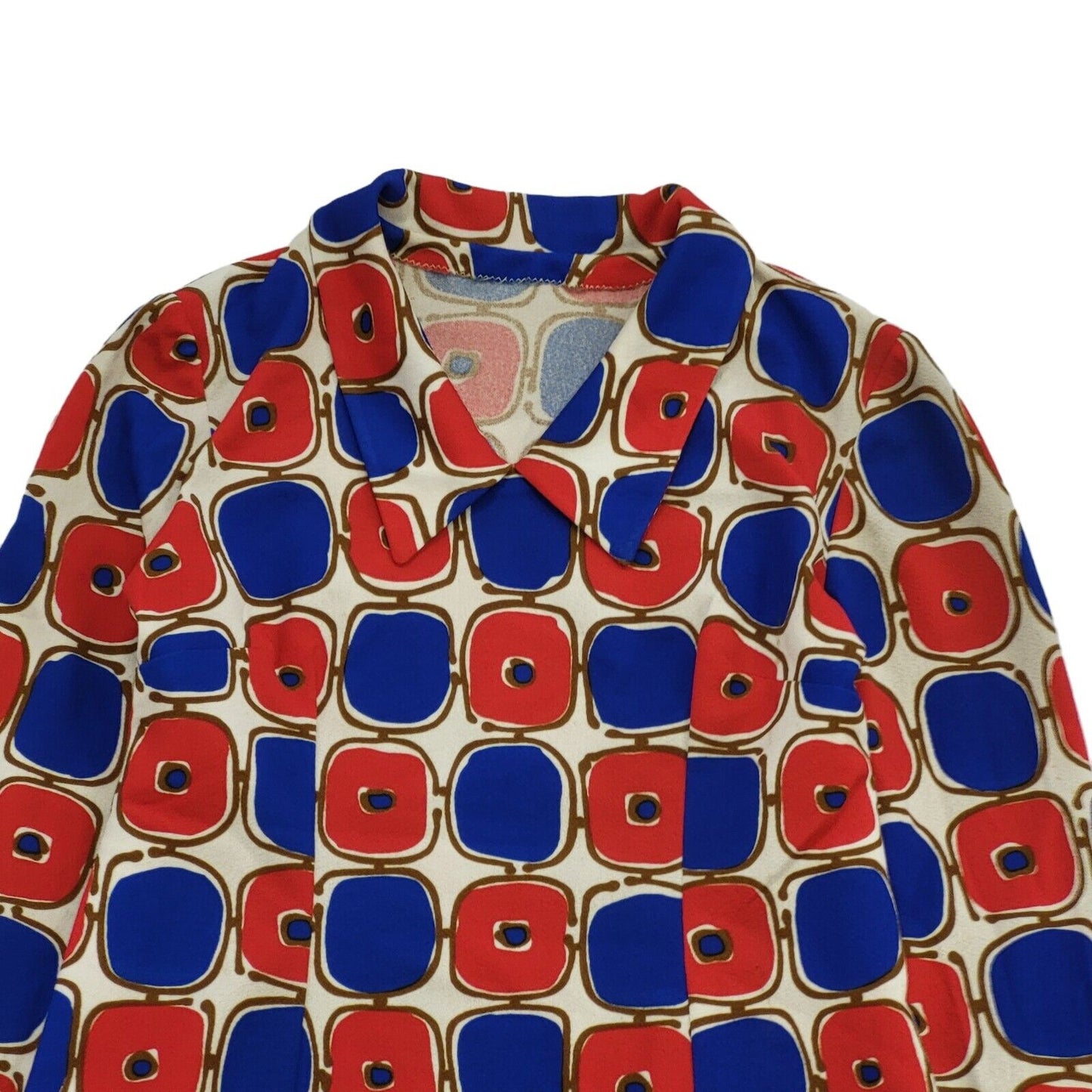 70s Vintage Red & Blue Geometric Long Sleeve Shift Dress Women's Size 14
