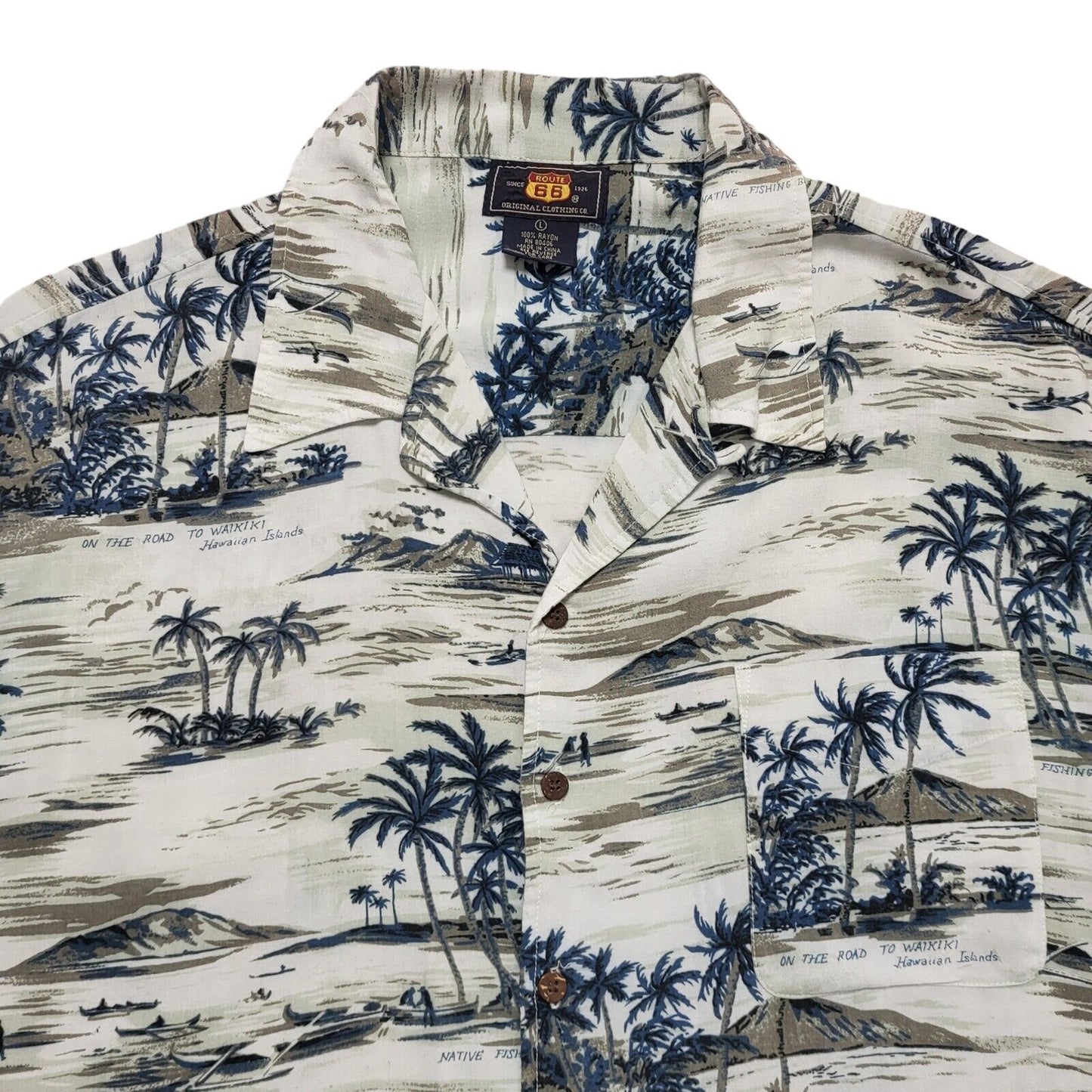 Route 66 Vintage 90's White Blue Palm Trees Short Sleeve Shirt Men's UK L