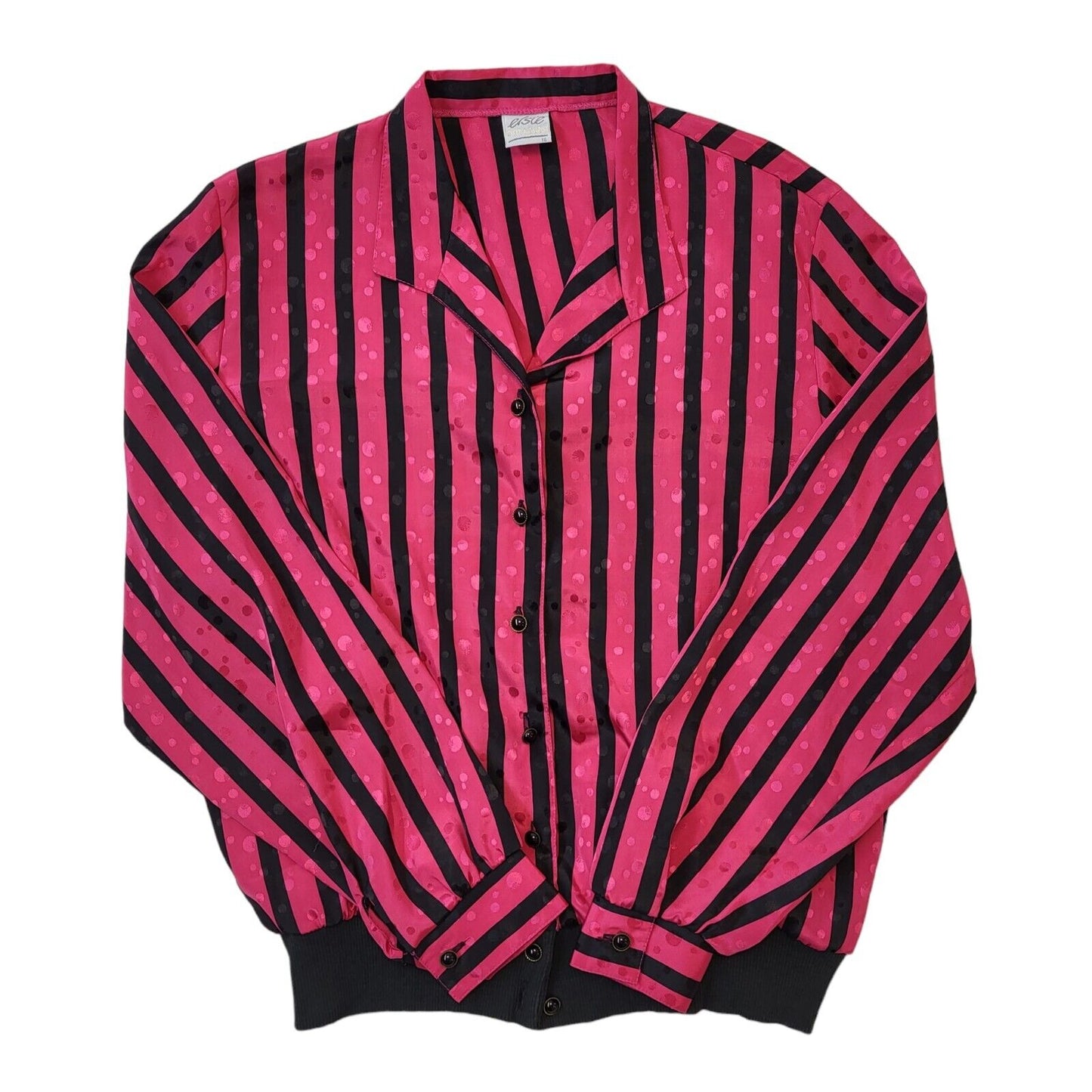 Elsie 80s Vintage  Pink & Black Striped Long Sleeve Blouse Women's Size 16 EU 44