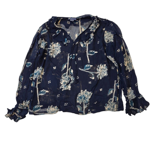 Monsoon 90s Vintage Blue Floral Print Long Sleeve Blouse Women's 14