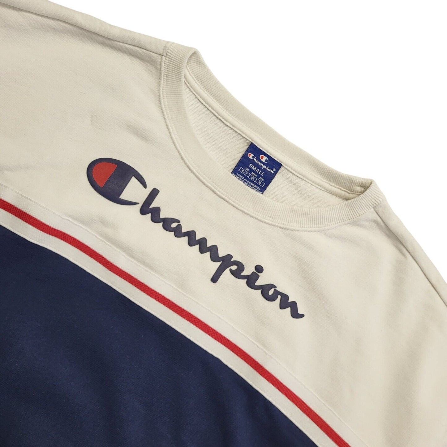 Champion Vintage 90's White & Blue Cropped Sweatshirt Womens UK Size S