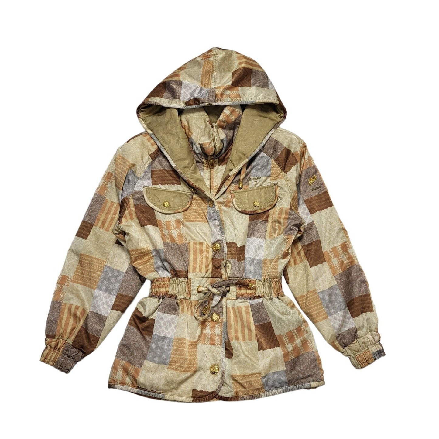Ellesse Vintage 80's Beige & Brown Patch Hooded Coat Womens UK M