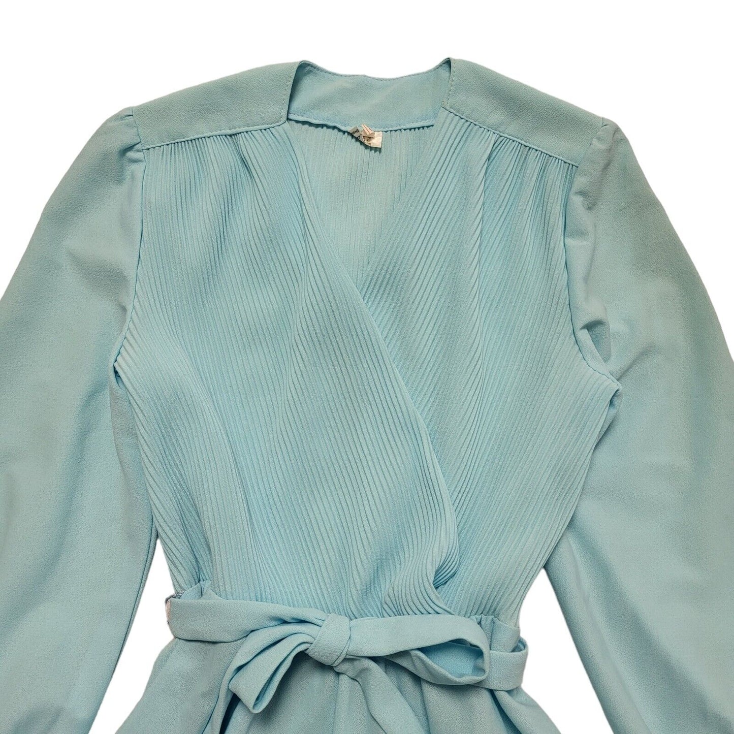 70s Vintage Turquoise Wrap Belted Long Sleeve A-Line Daywear Dress Women's 8