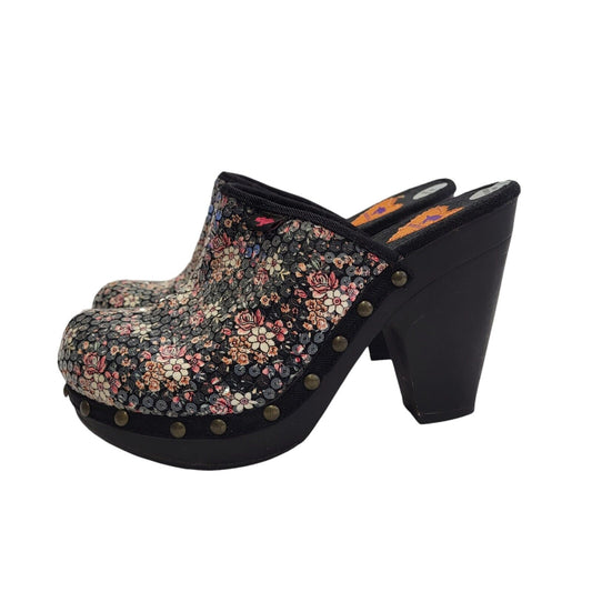 Rocket Dog Black Pink Floral Slip-on Heels Shoes Uk Women's Size 6