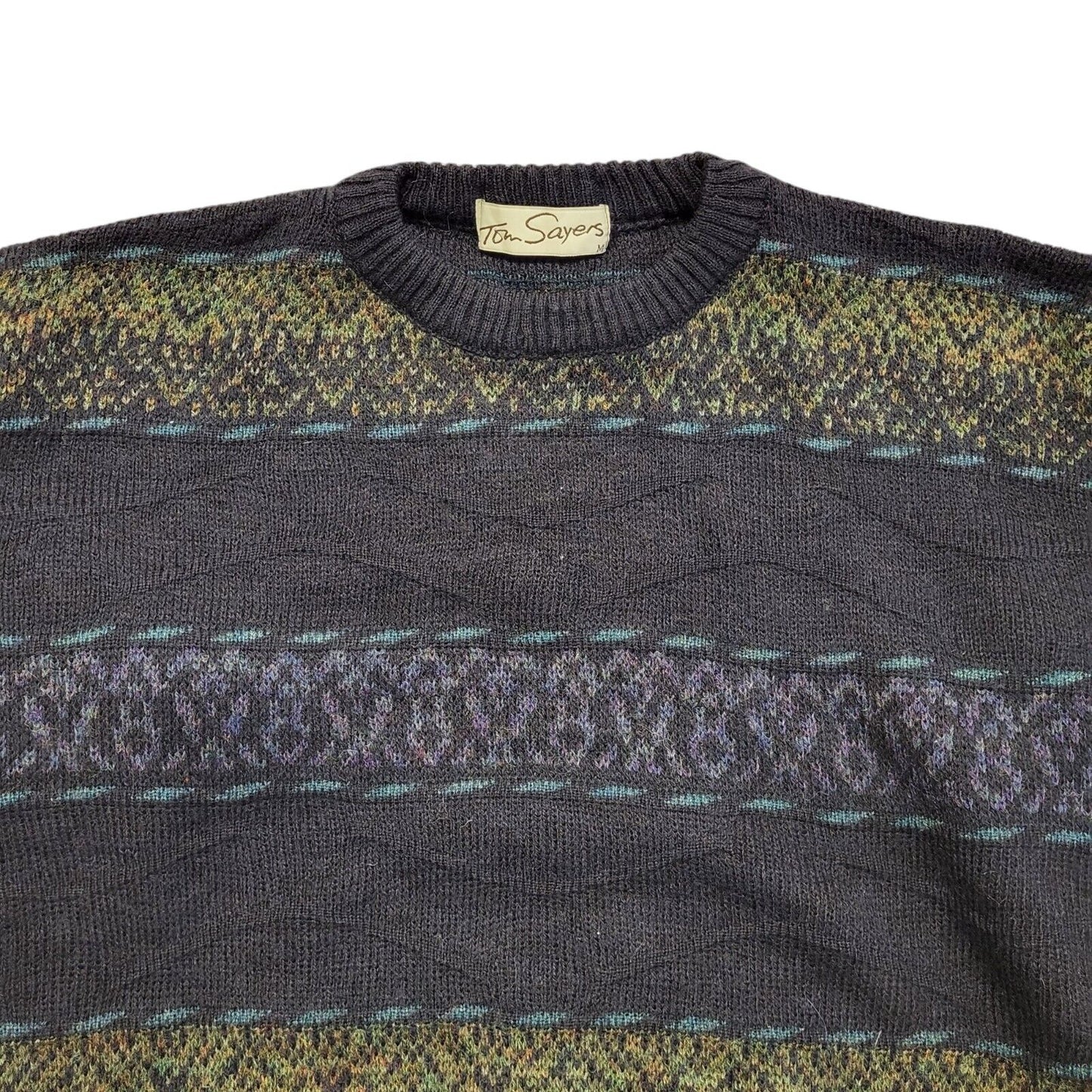 Tom Sayers Vintage 80s Black Blue Geometric Crew Neck Jumper Men's UK M