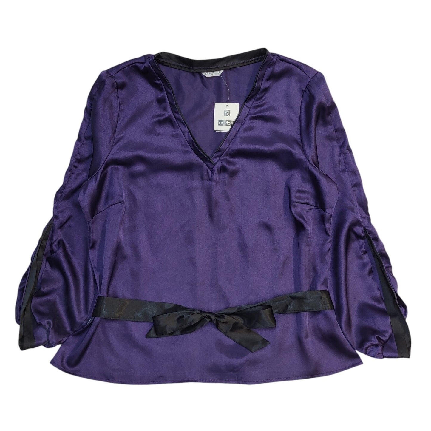 Editions Vintage Y2K V-Neck Purple Satin Long Sleeve Top BNWT Women's UK 16