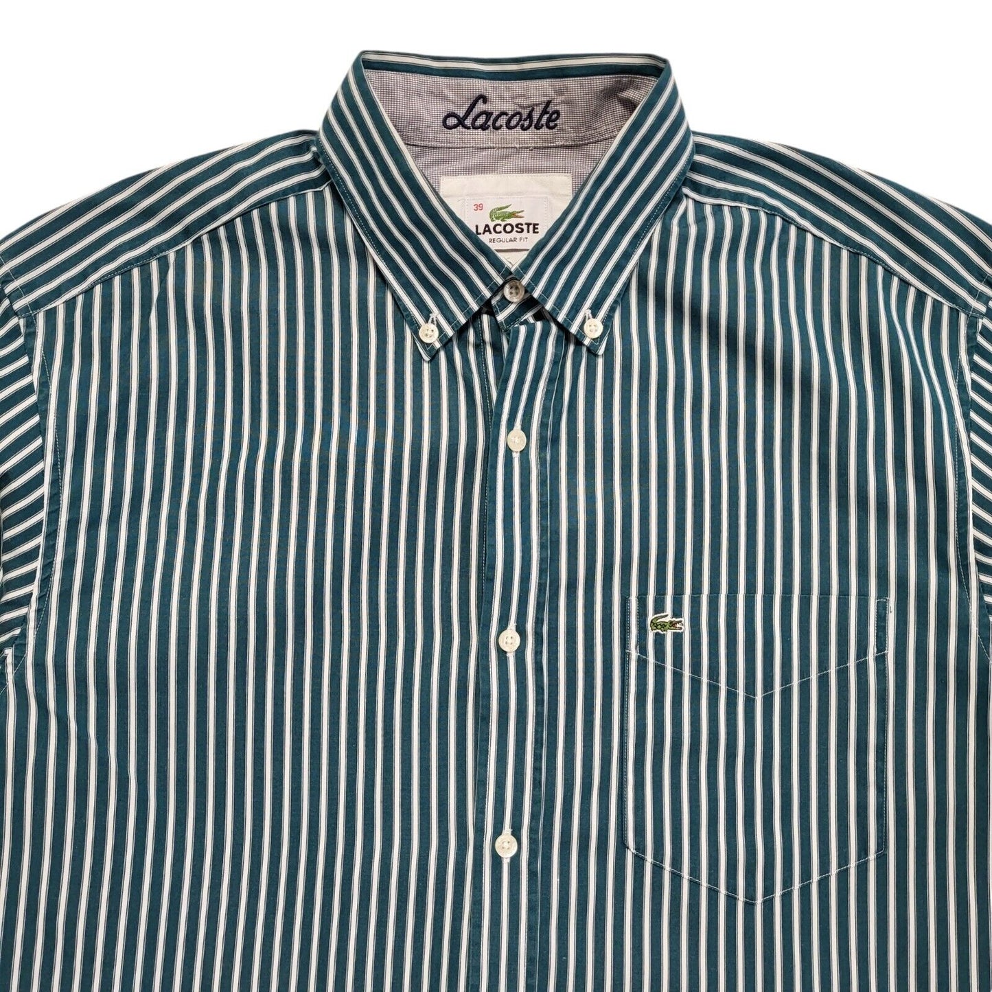 Lacoste 90's Vintage Green & White Striped Long Sleeve Shirt Mens UK Size M