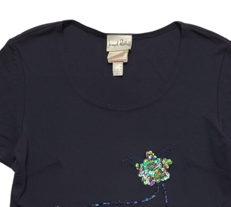 Joseph Ribbhoff Vintage 90's Blue Floral Sequin Short Sleeve Top Womens UK 14