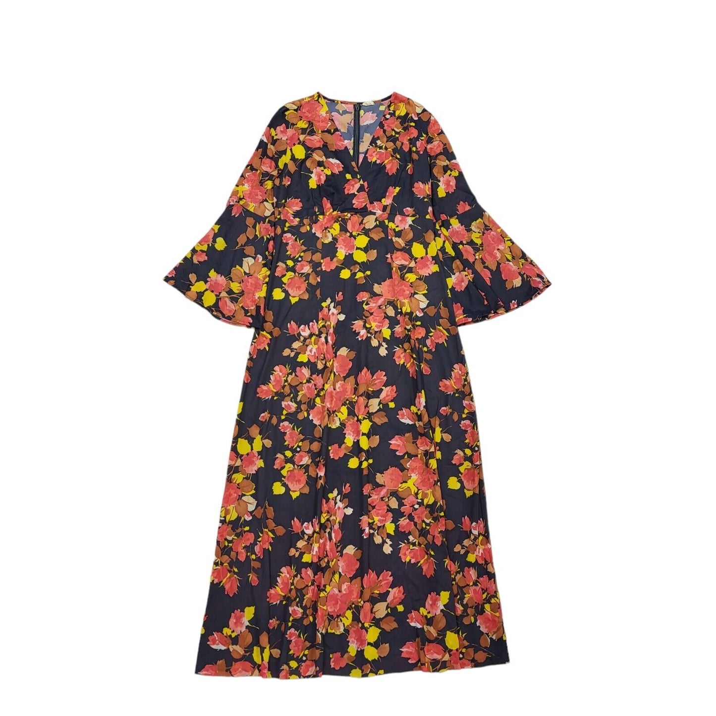 70s Vintage Brentfords Floral V-Neck Bell Sleeved Maxi Dress Women's 10