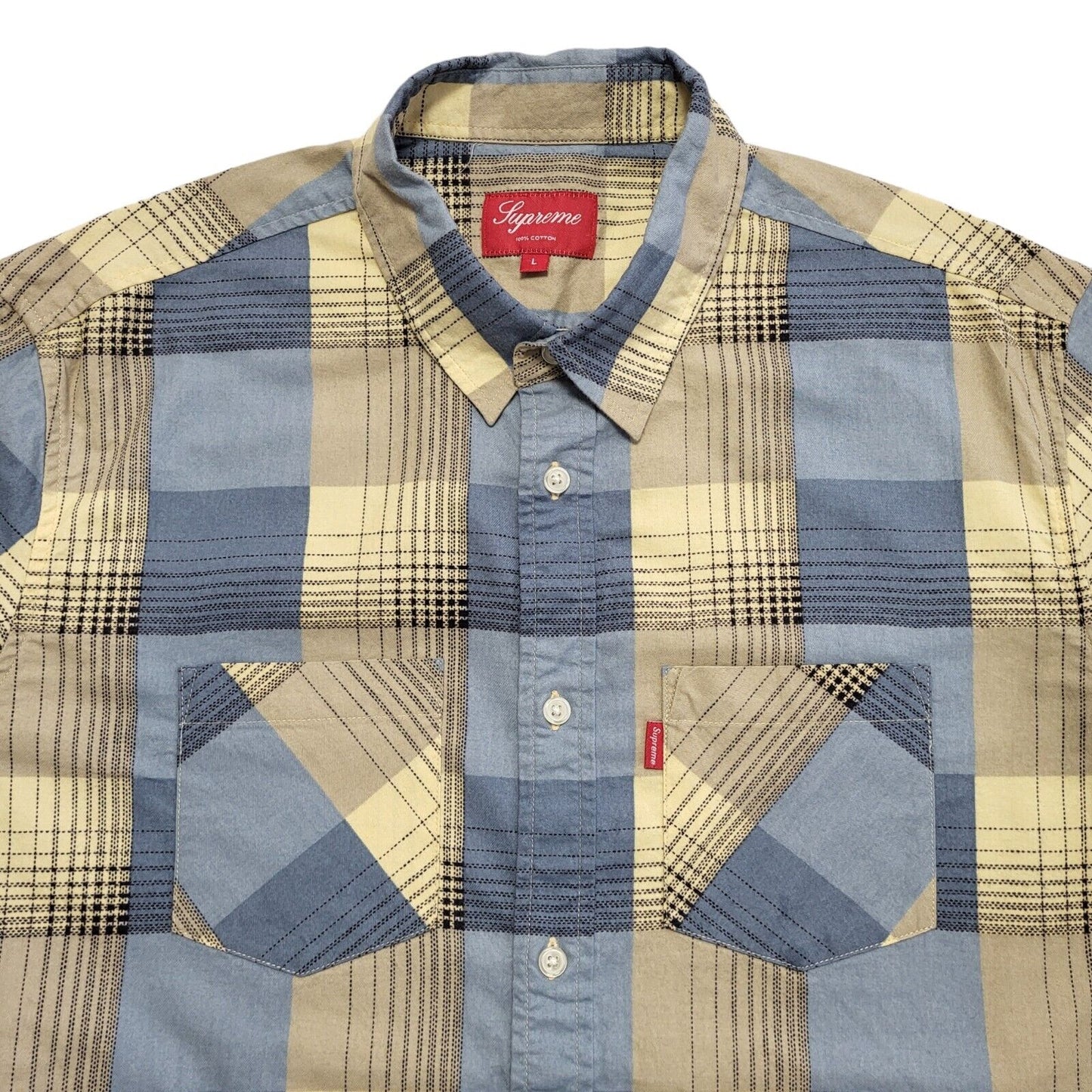 Supreme Y2K Vintage Blue & Beige Checked Long Sleeve Shirt Mens UK Size L