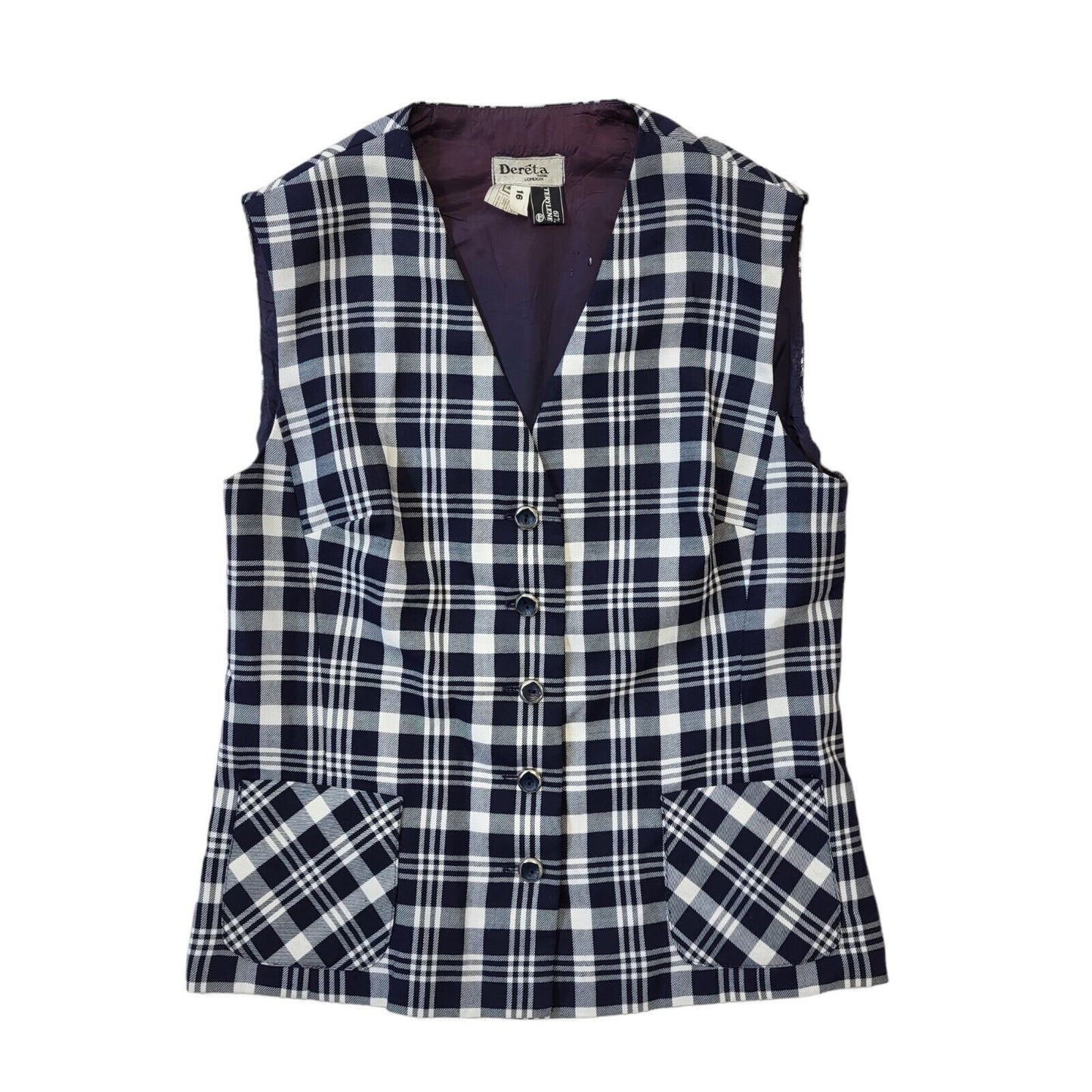70's Vintage Dereta Navy Blue Check 2 Pocket Waistcoat Womens UK 16