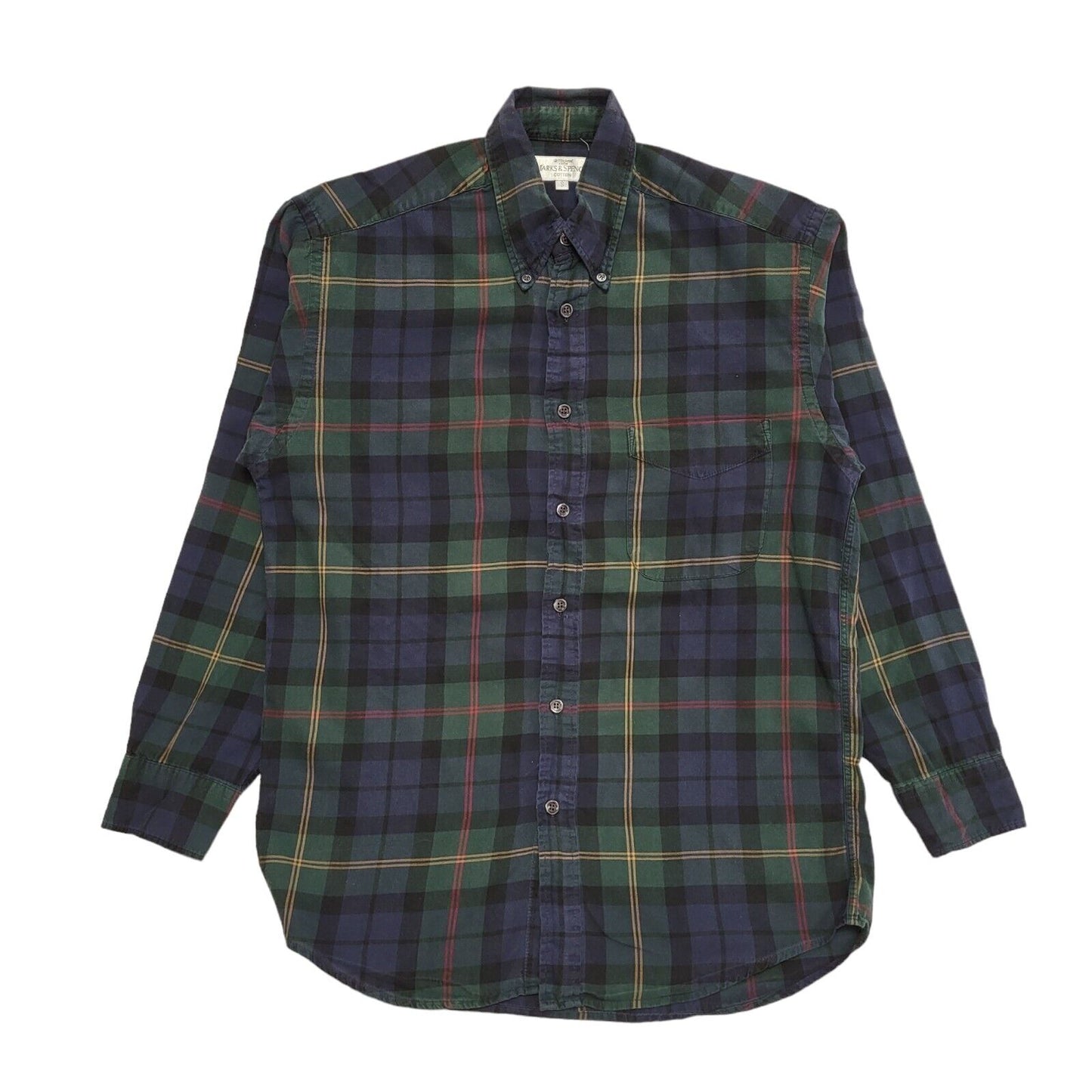Marks & Spencer Vintage 90s Blue Green Check Long Sleeve Shirt Uk Men's Size S