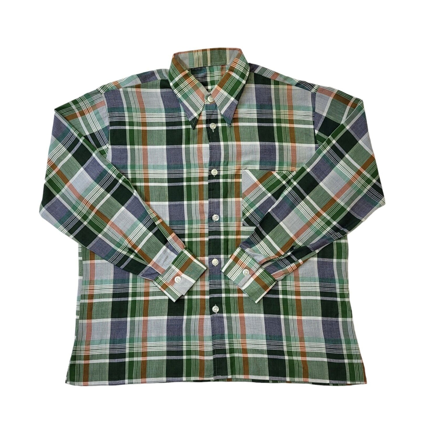 70s Vintage Green & Blue Long Sleeve Cotton Check Shirt Men's Size XL