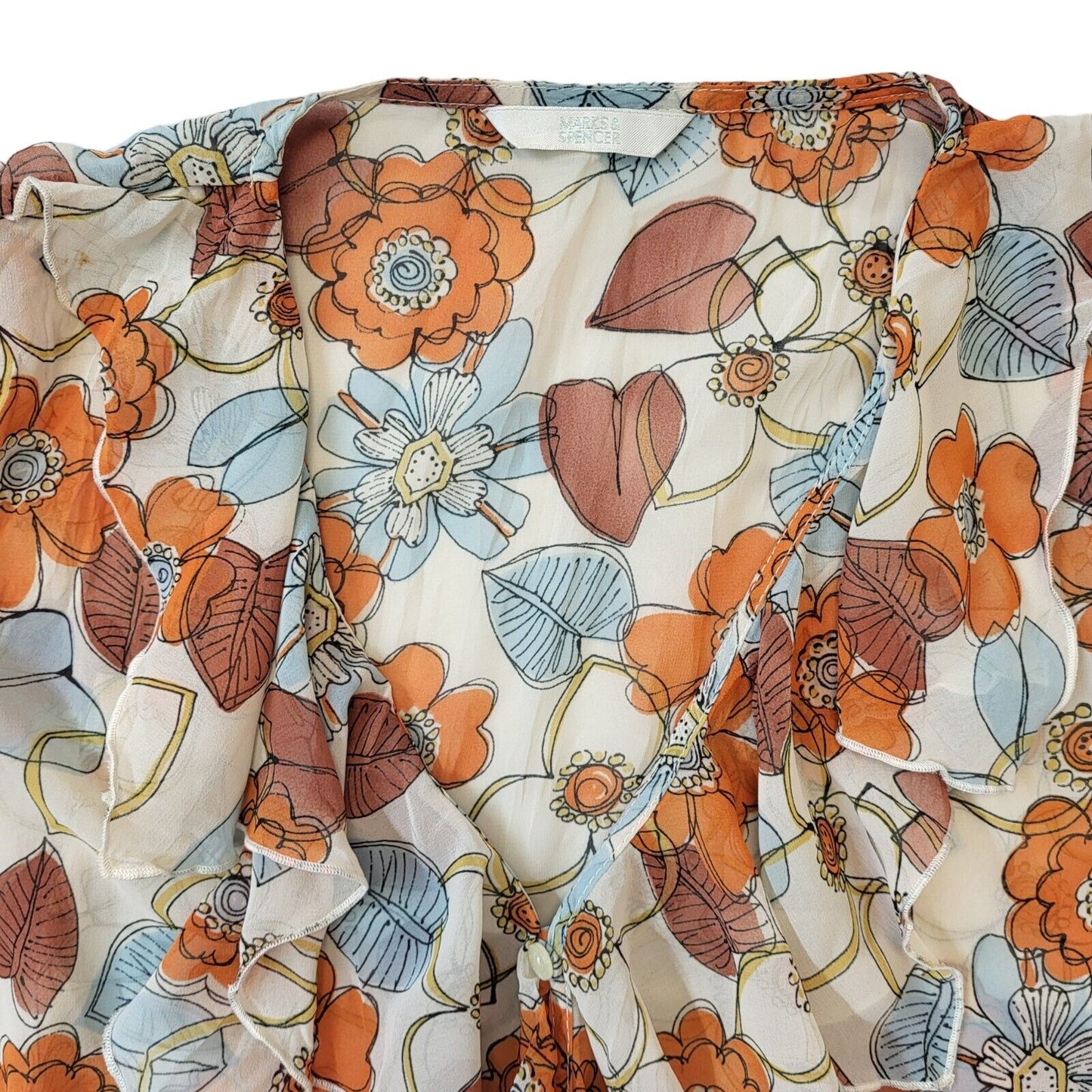 Mark & Spencer Y2K Cream & Orange Floral Ruffle Long Sleeve Blouse Womens UK 16
