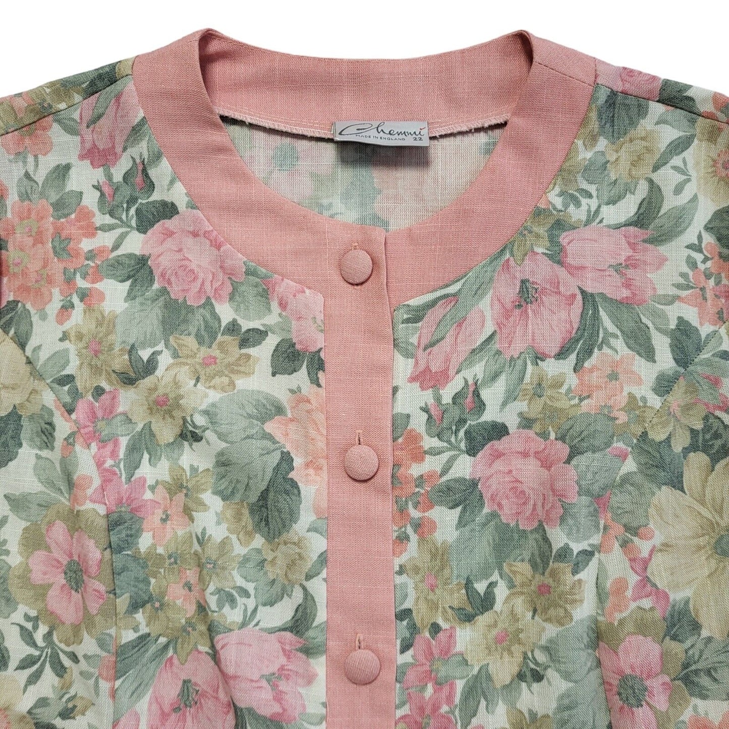 Chemmi Vintage 80's Short Sleeve Pink & Green Floral Shirt Womens UK 22
