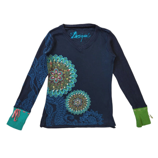 Desigual Y2K Navy Blue Floral V-Neck Jumper Vintage Women's Medium