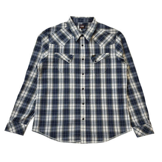 Lee Blue & White Check Snap Western Shirt Men's Size Large