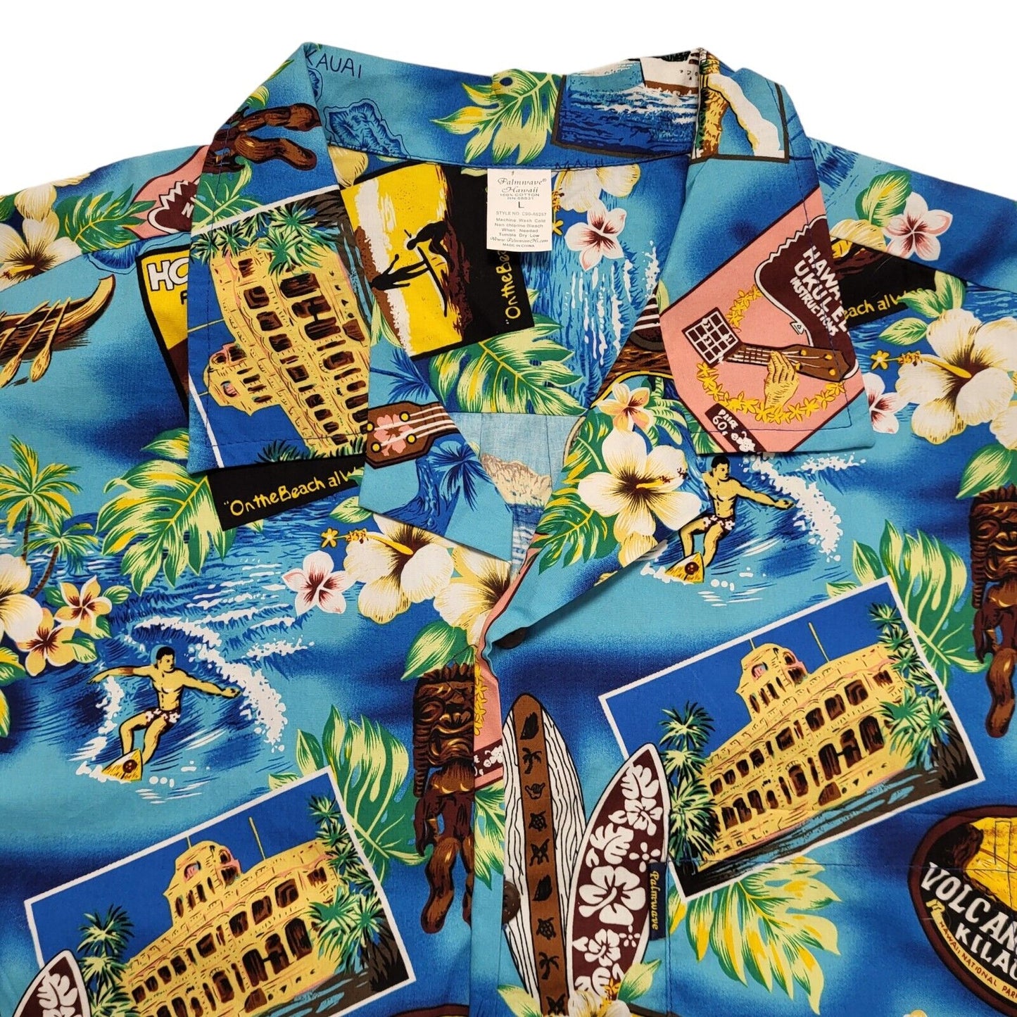 Palmwave Vintage 90's Blue & Green Floral Hawaiian Short Sleeve Shirt Mens UK L