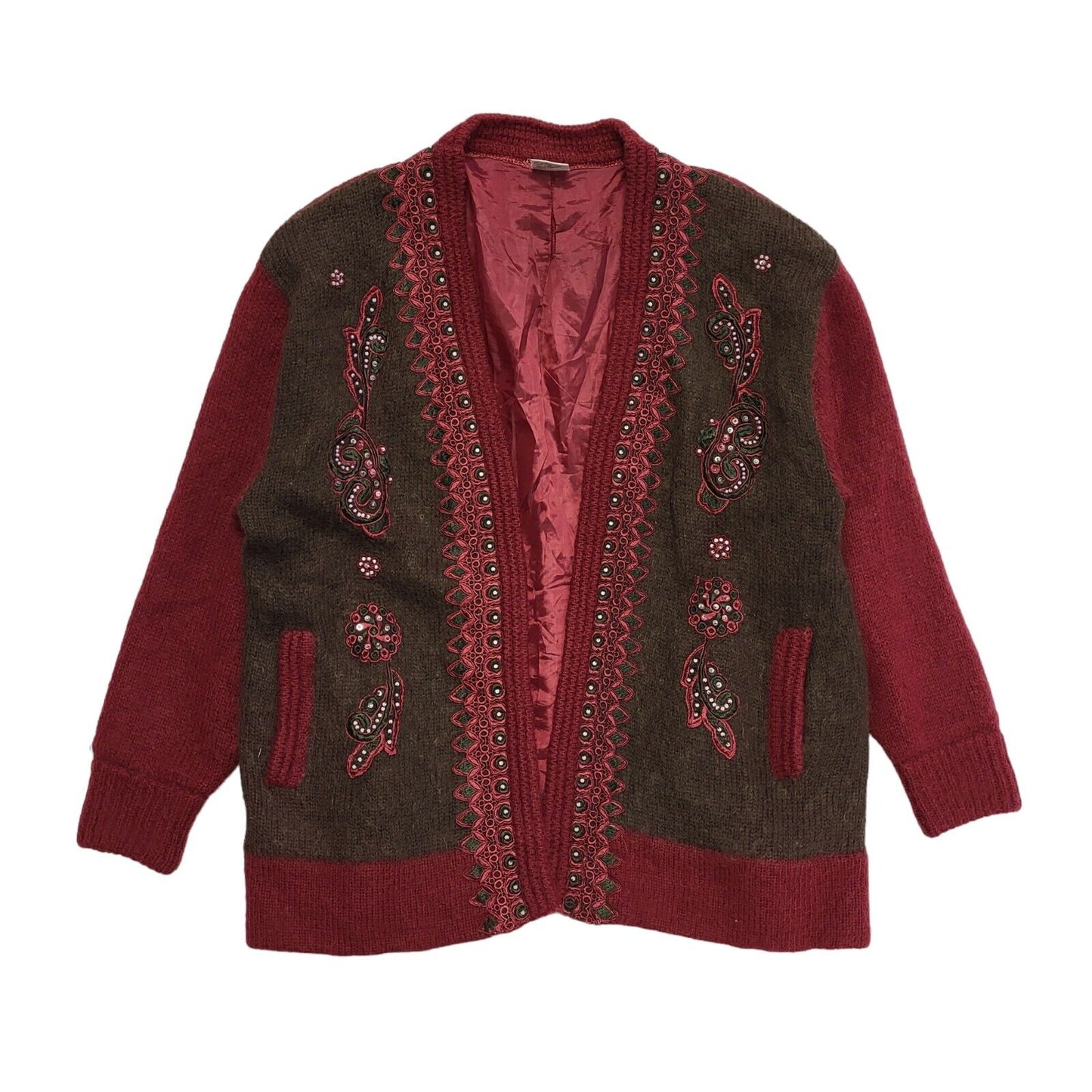 Vintage 80s Burgundy Open Front Wool Jacket Uk Women's Size 20/22