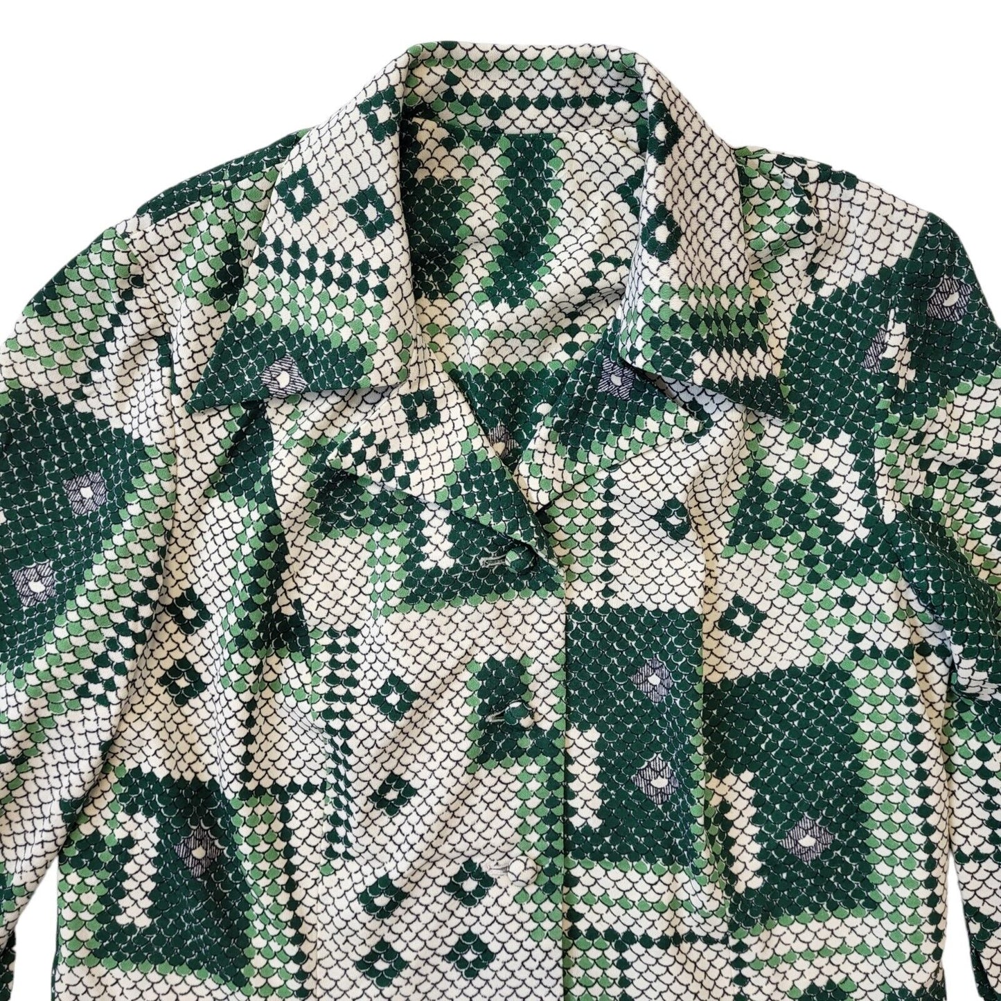 70s Vintage Green Geometric Buttoned Collared Daywear Dress Women's Size 14
