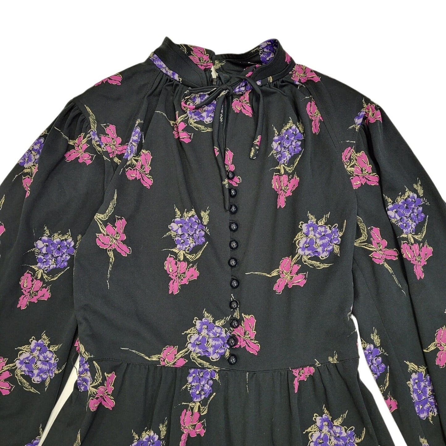70s Vintage Black & Pink Floral Tied Neck Midi Dress Women's 10