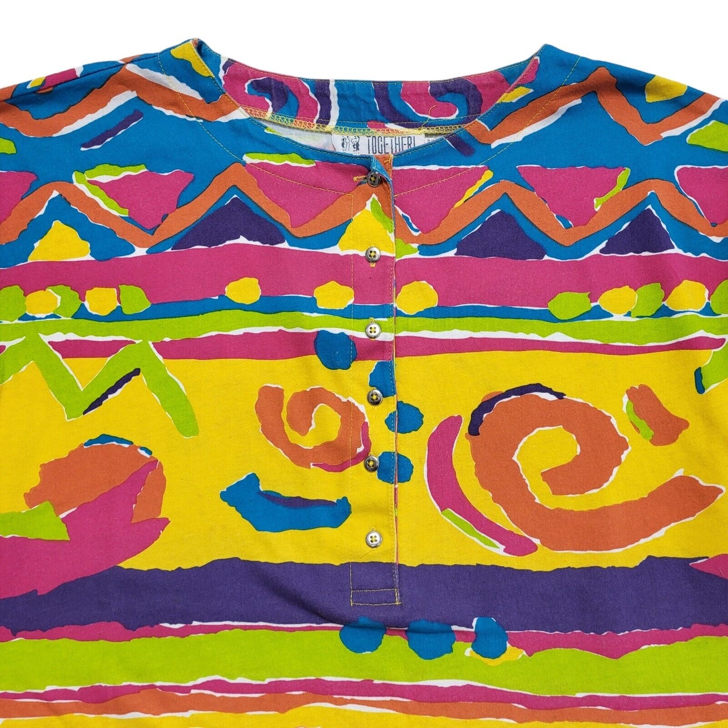 Together Vintage 90s Multicoloured Henley Short Sleeve T-Shirt Womens UK 16/18