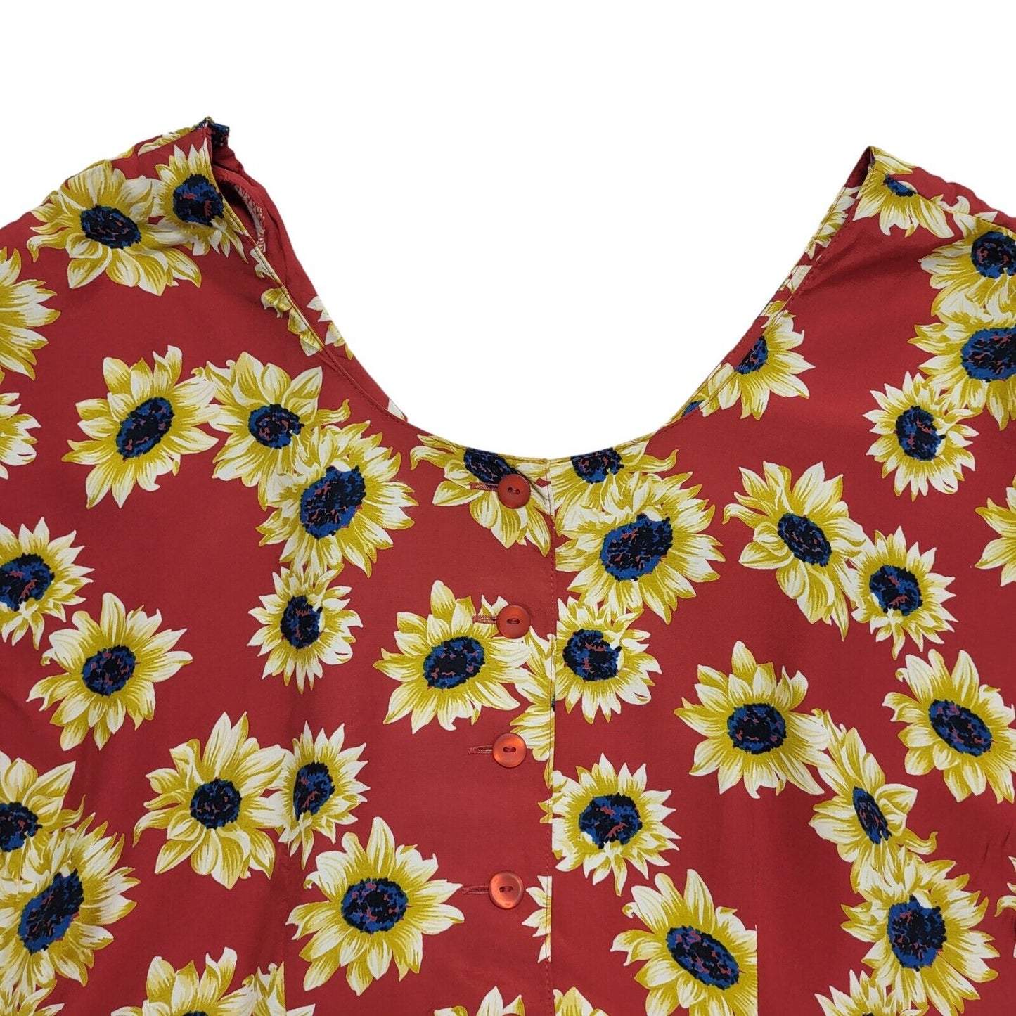Vintage 80's Red & Yellow Button Front Floral A-Line Midi Dress Womens UK 14