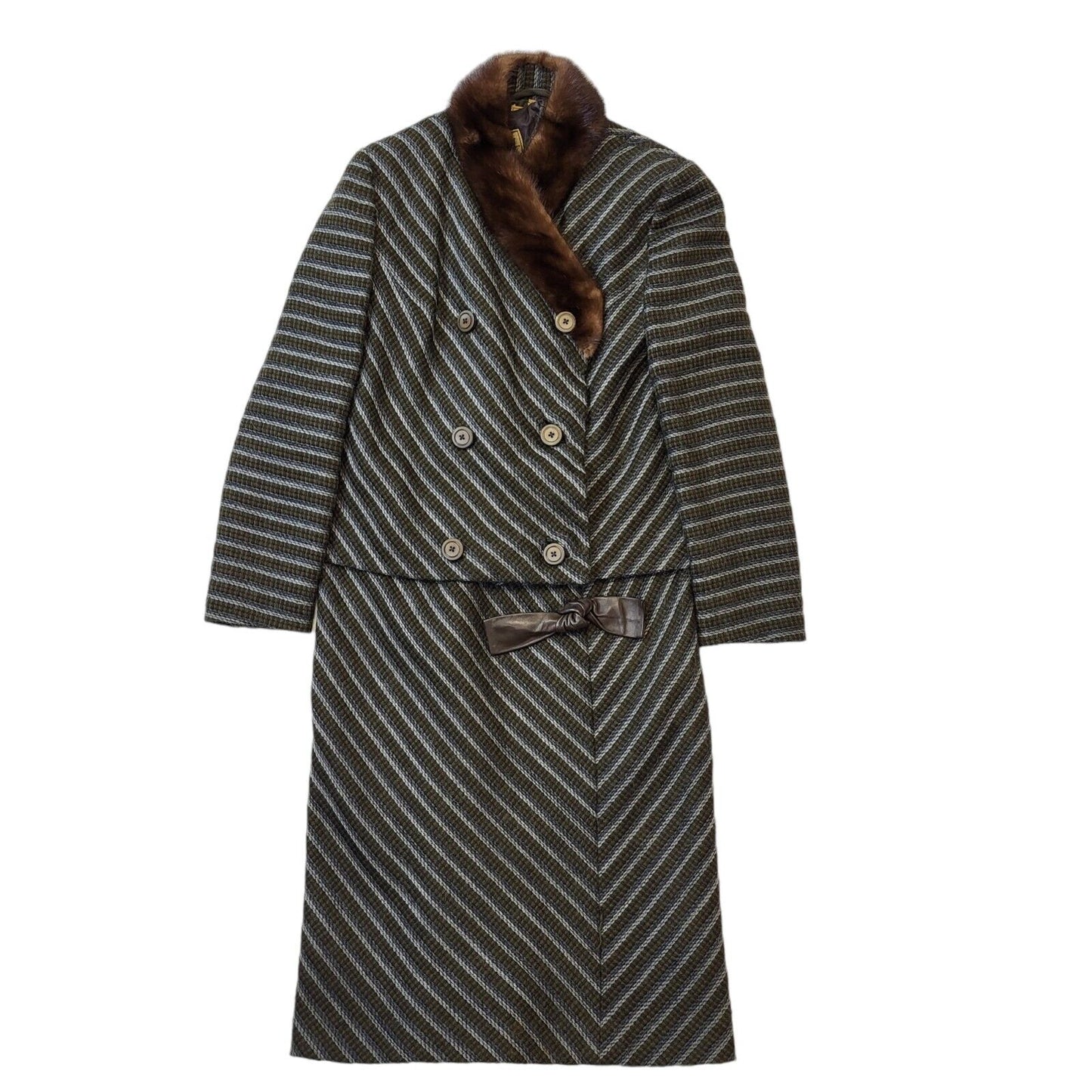 70s Vintage Koupy Grey & Brown Striped Jacket & Dress Women's Size 14 Eu 42