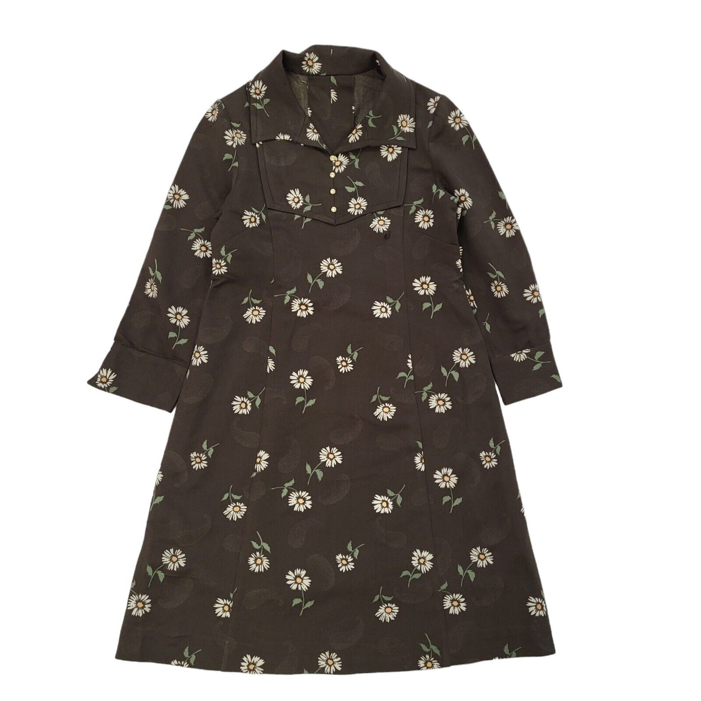 70s Vintage Brown & White Daisy Collared Shift Dress Women's 8