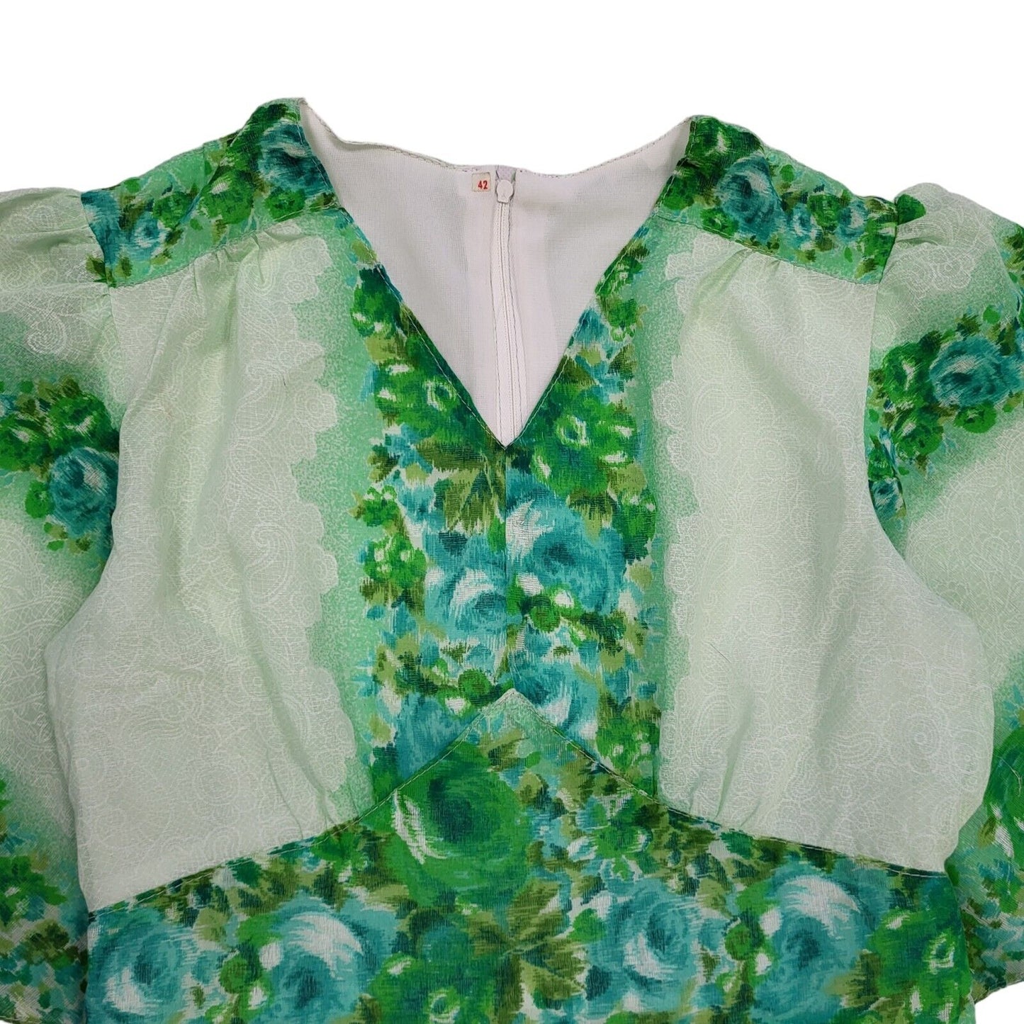 70s Vintage Green Floral Lined Maxi Dress Women's 10