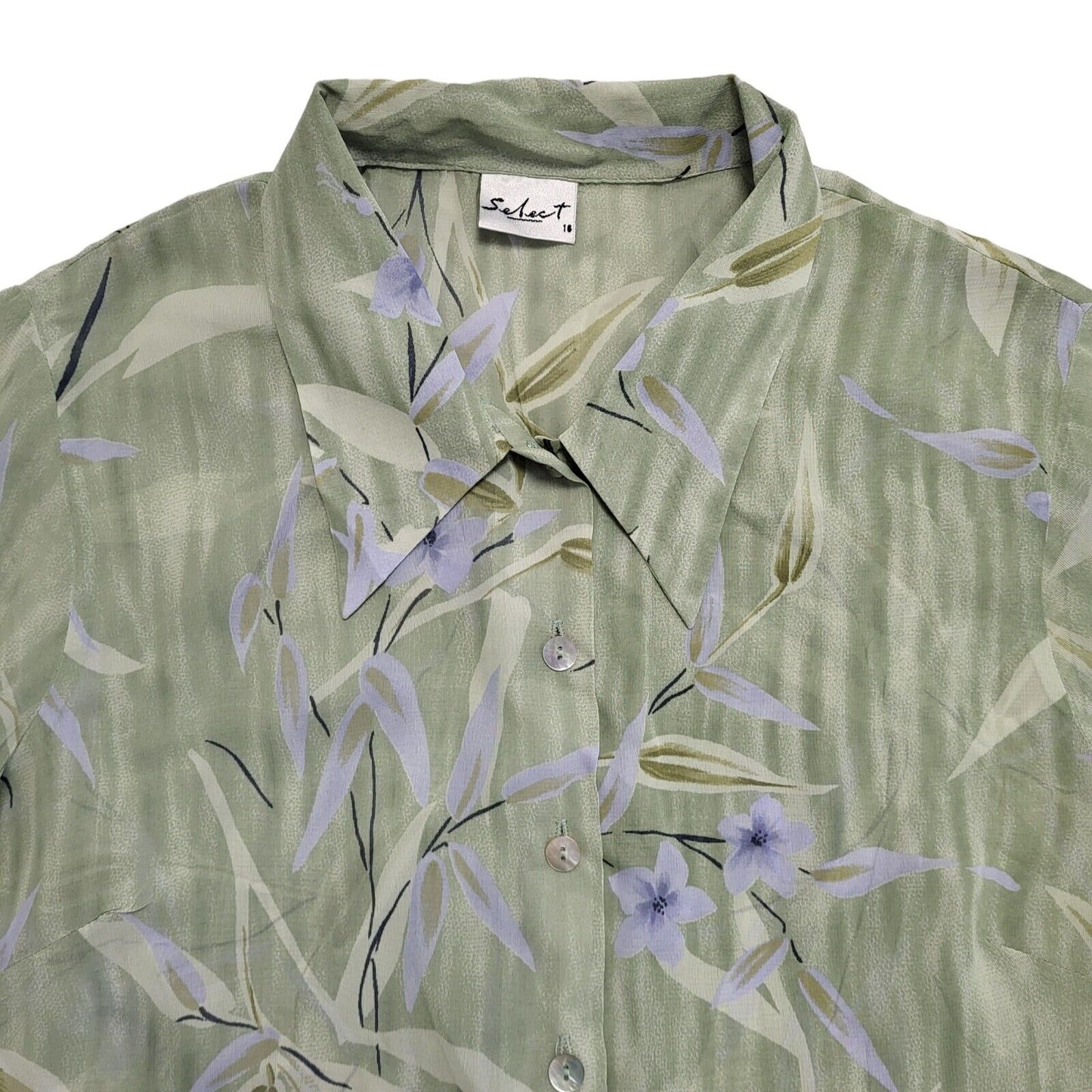 Select 90's Green & Blue Floral Short Sleeve Blouse Womens UK Size 16
