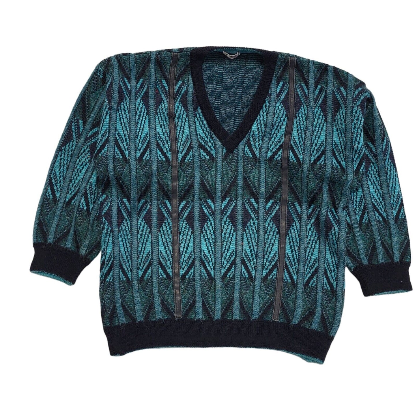 Gabicci Vintage 80s Blue Geometric V-Neck Jumper Men's UK L
