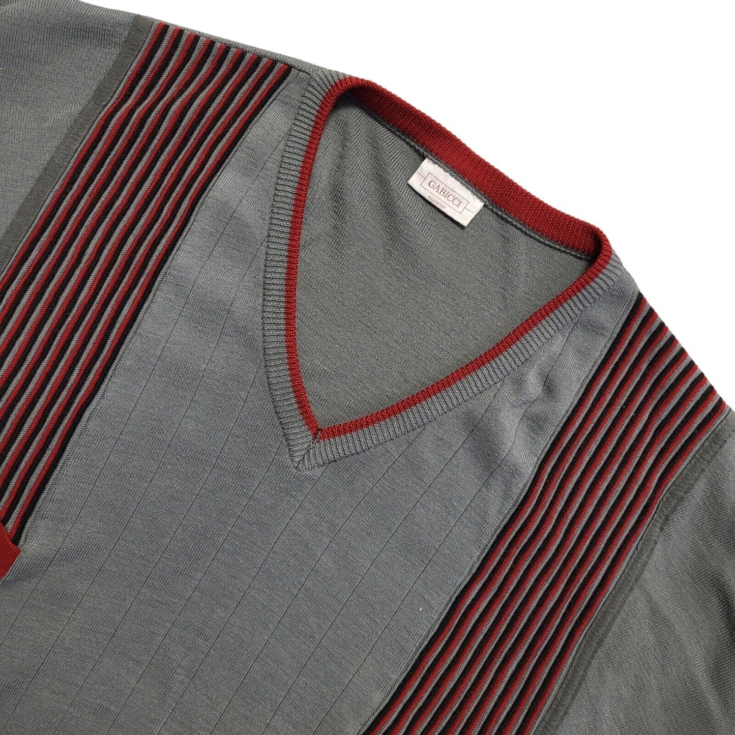Gabicci Vintage 80s Grey Red Striped V-Neck Jumper Men's UK 2XL