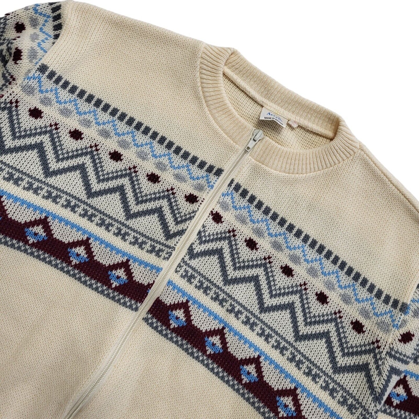80s Vintage Cream & Brown Zipped Cardigan Uk Women's Size Large
