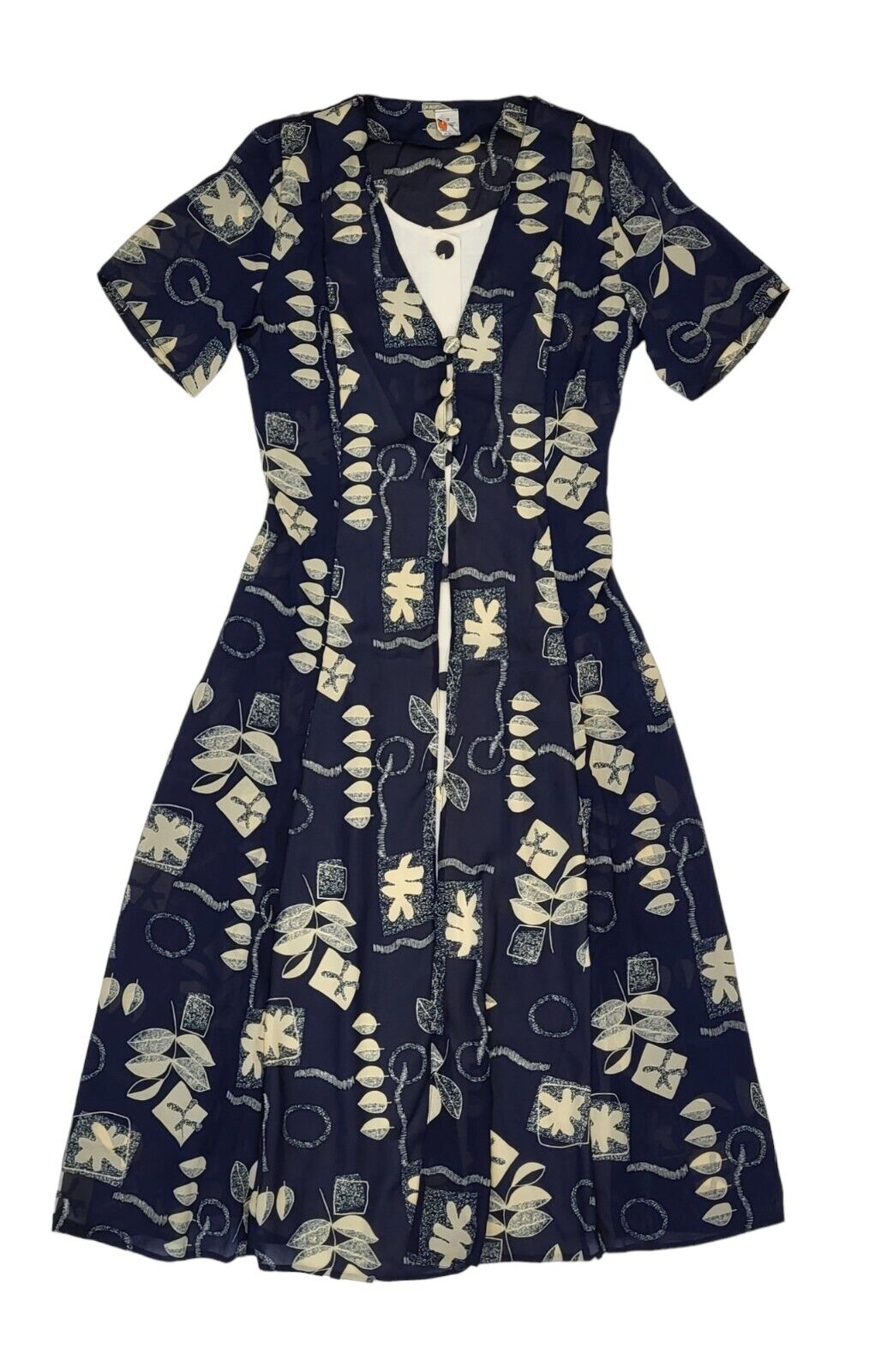 90s Vintage Blue Leaf Print Buttoned Daywear Midi Dress Women's Size S