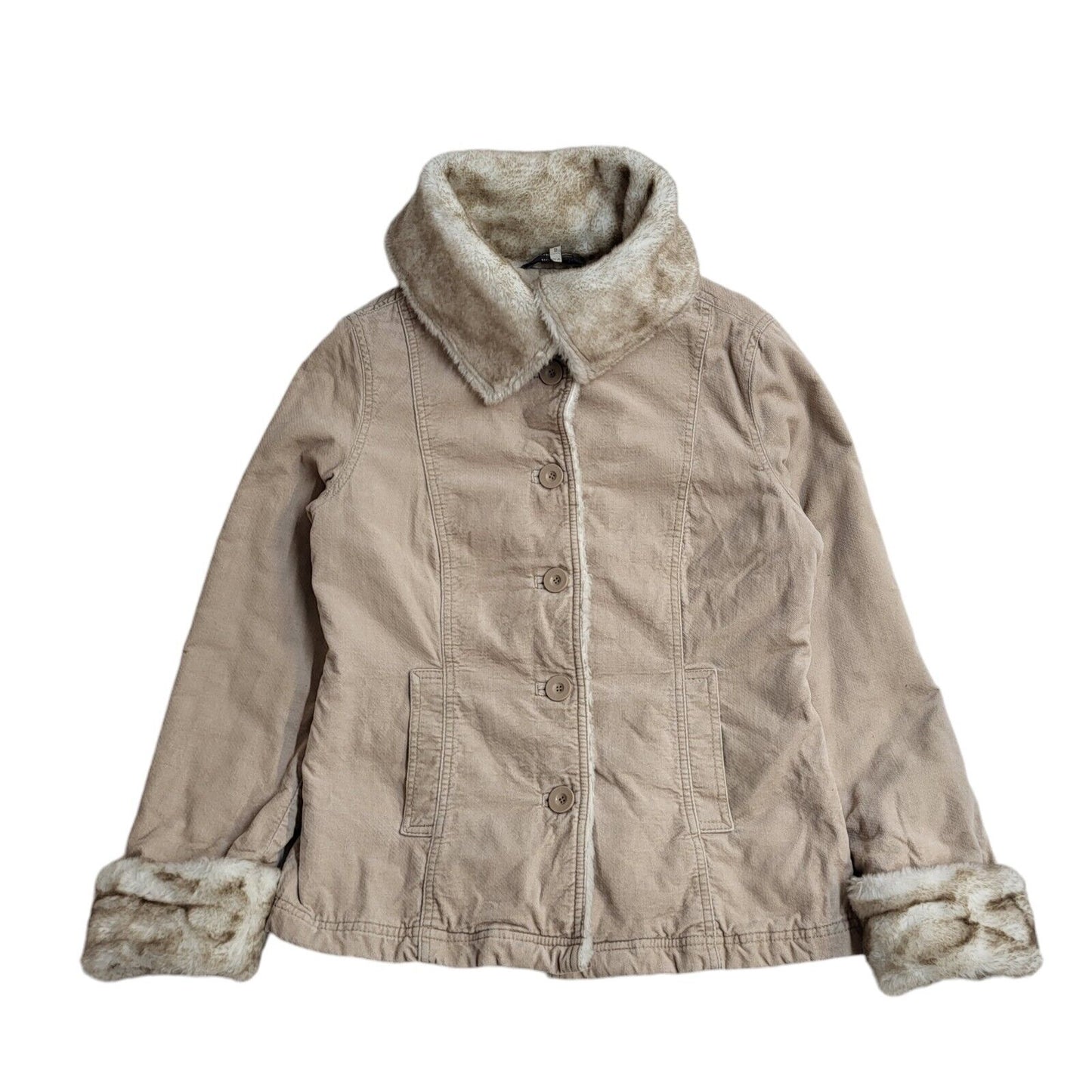 John Rocha Beige 90s Vintage Button Faux Fur Jacket Uk Women's Size 10
