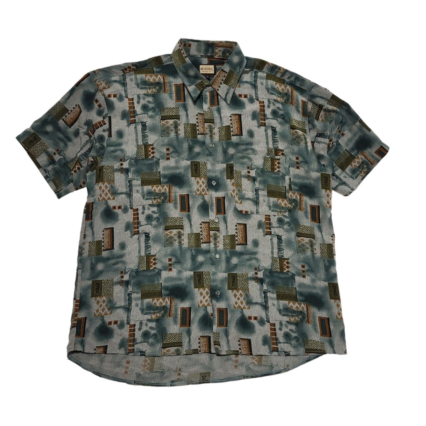 Mendoral 80's Green & Brown Retro Abstract  Short Sleeve Shirt Mens UK Size L