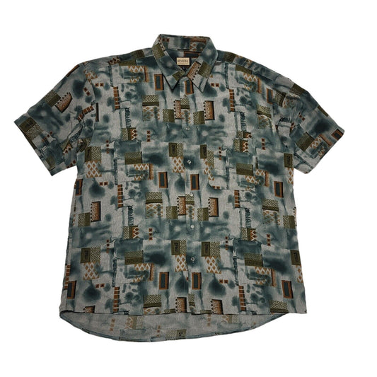 Mendoral 80's Green & Brown Retro Abstract  Short Sleeve Shirt Mens UK Size L