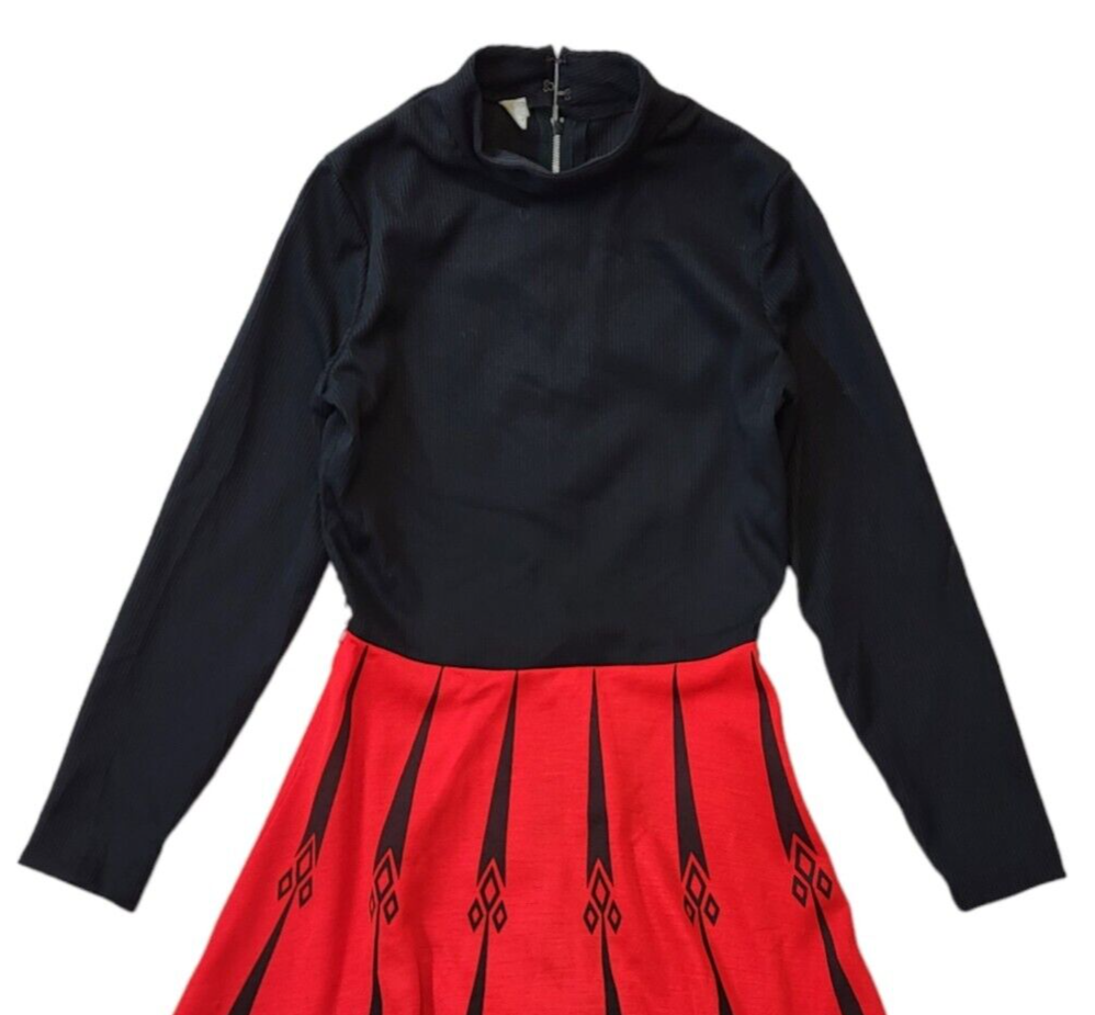 70s Vintage Black & Red Long Sleeve A-Line High Neck Dress Women's Size 8