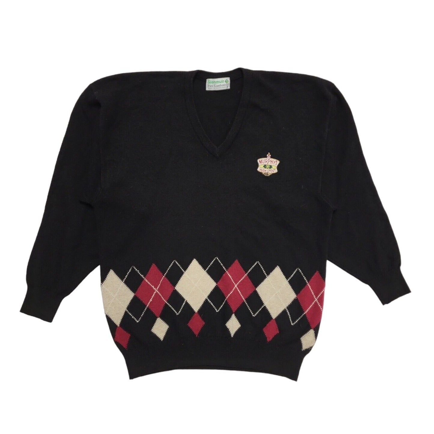Glenmuir 90's Jumper Black Irish Stout Argyle V-Neck Long Sleeve Mens UK XL