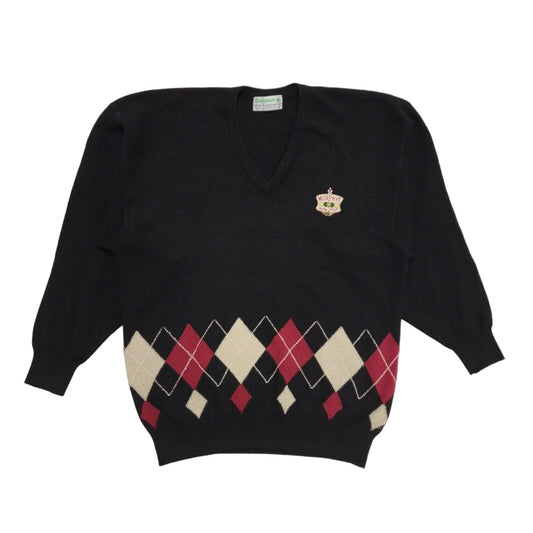 Glenmuir 90's Jumper Black Irish Stout Argyle V-Neck Long Sleeve Mens UK XL