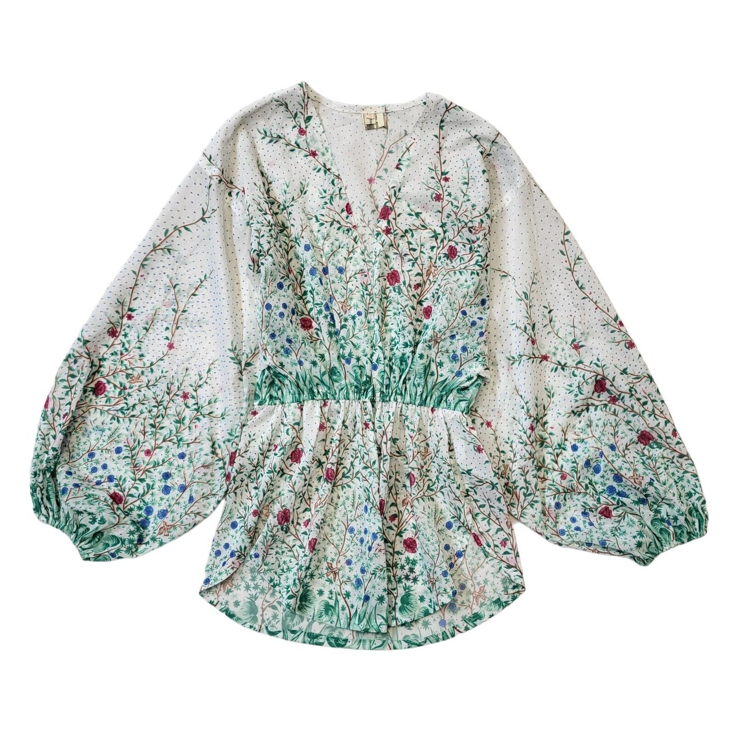 70s Vintage White Green Floral Blouse Long Sleeve Women's UK 12