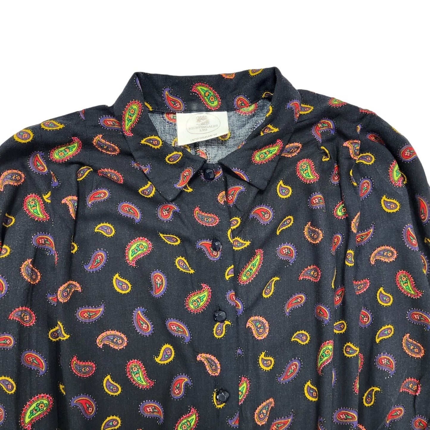 90s Vintage Nightingales Black Paisley Long Sleeve Dress Women's Size 12